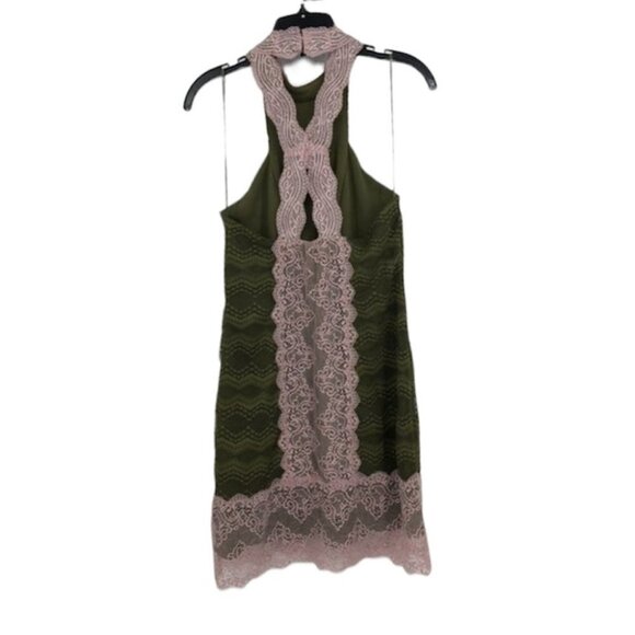 Free People Natasha Pink Green lace halter  mini bodycon dress - Picture 2 of 16